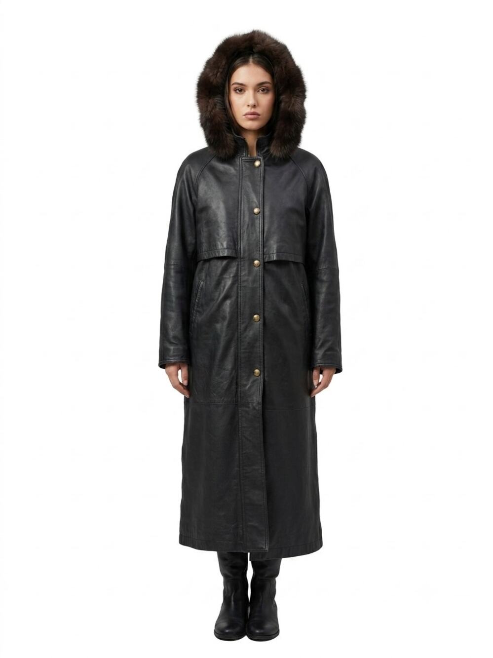 Vintage Comint Trench Coat Womens S Black Leather Coyote Fur Hood Full Zip Lined
